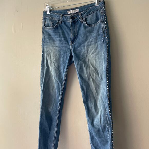 Zara Mid Wash Studded Distressed Cutoff Hem Skinny Jeans - Size 4 - Picture 4 of 8